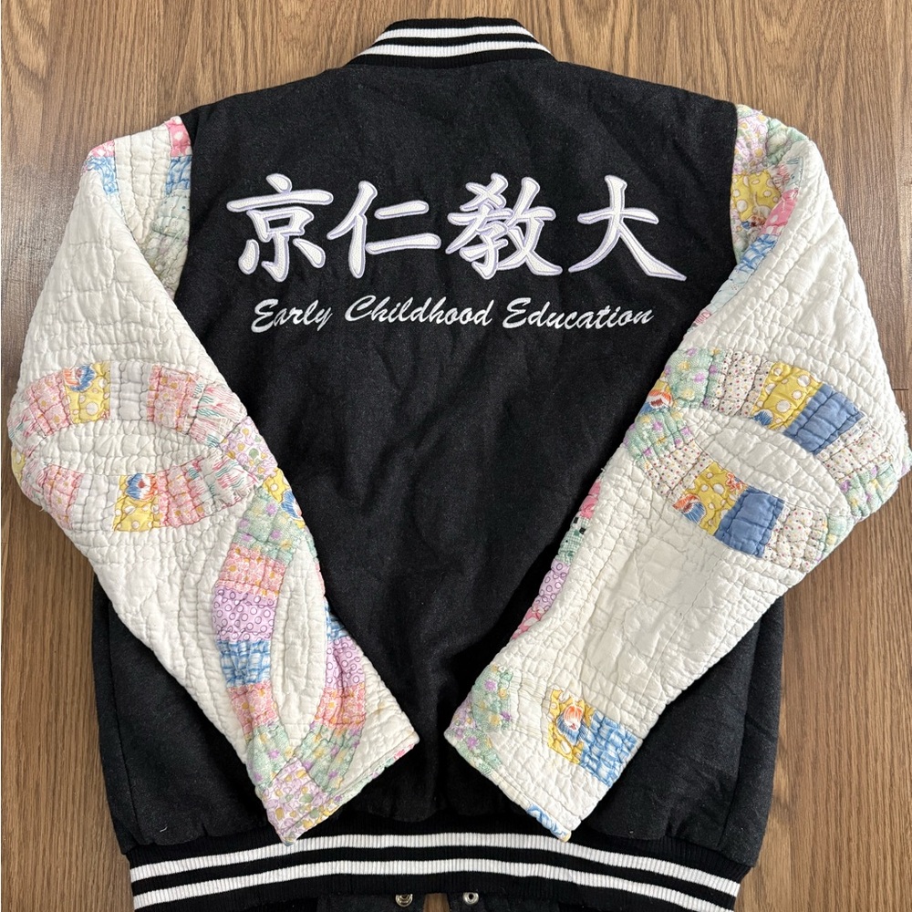 Rework Varsity Jacket with Vintage Quilt Sleeves